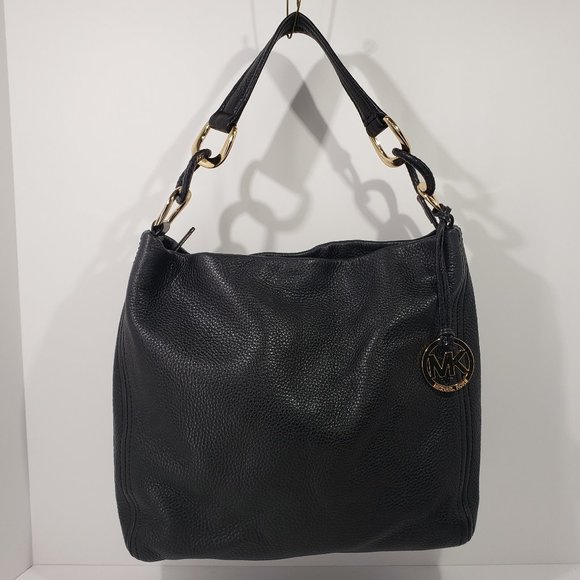 Michael Kors Black Pebbled Leather Shoulder Bag Handbag Purse Oversized ID Chain - Picture 1 of 9